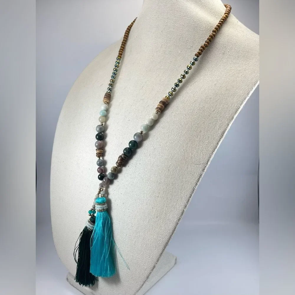 Worthington Wood Glass Stone Beaded Necklace Silk Tassel End Statement Boho